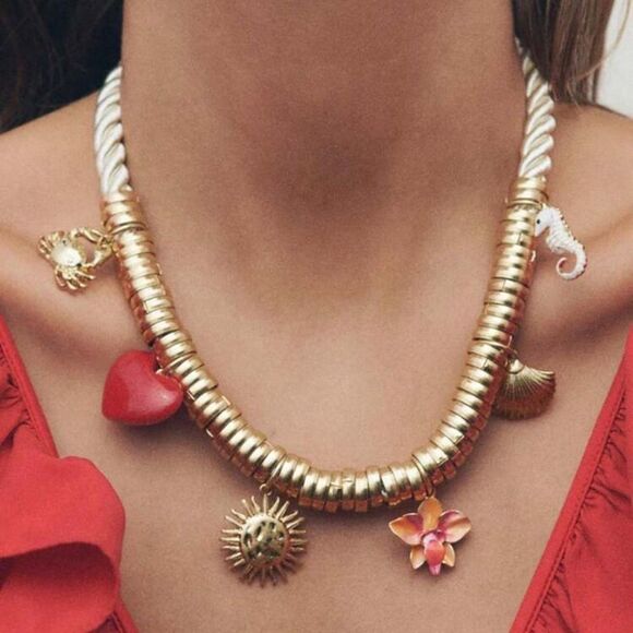 Gold and Red Charm Necklace A1218 - Picture 1 of 4